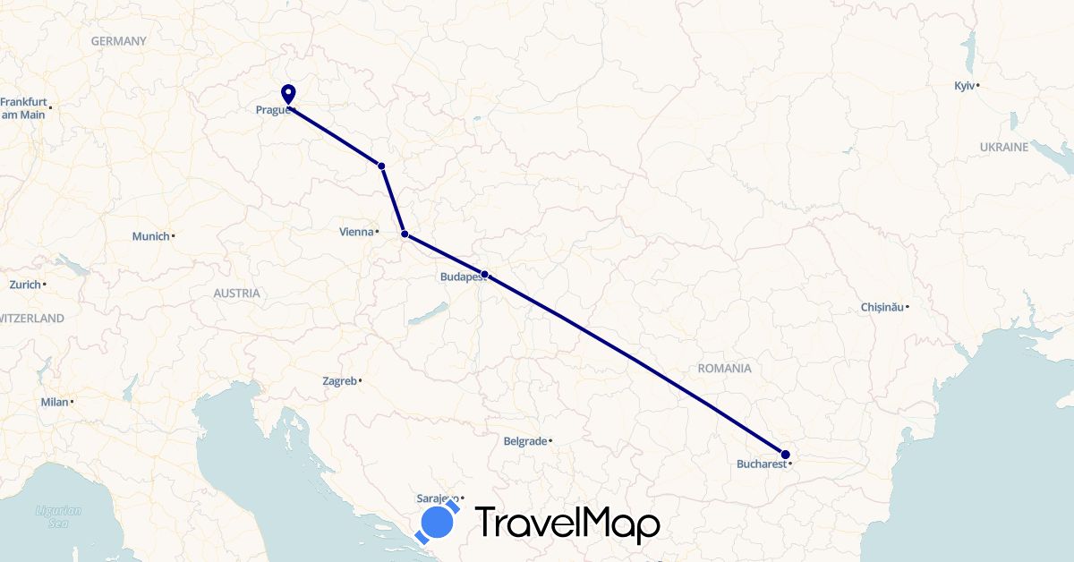 TravelMap itinerary: driving in Czech Republic, Hungary, Romania, Slovakia (Europe)